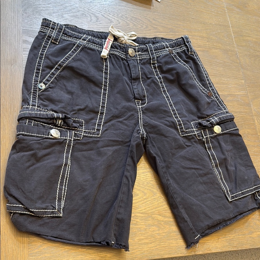 True Religion Black Cargo Shorts with Relaxed Fit